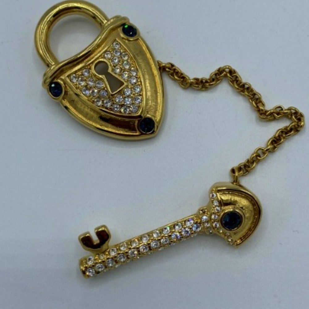 Vintage Signed NOLAN MILLER Lock & Key Chatelaine Set of Two Rhinestone Pins